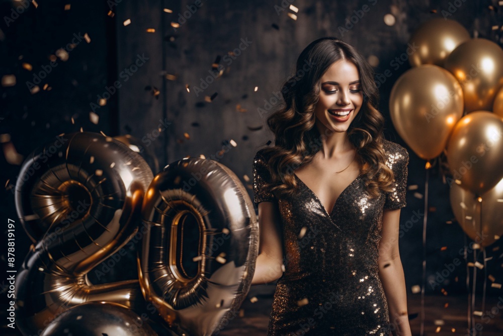 A party. A beautiful, happy girl in a stylish festive dress surrounded by gold confetti and sequins. The concept of celebrating a birthday and a happy new year. Close-up.