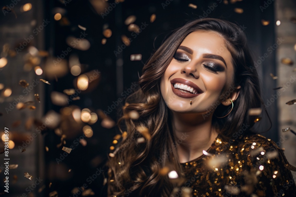 A party. A beautiful, happy girl in a stylish festive dress surrounded by gold confetti and sequins. The concept of celebrating a birthday and a happy new year. Close-up.