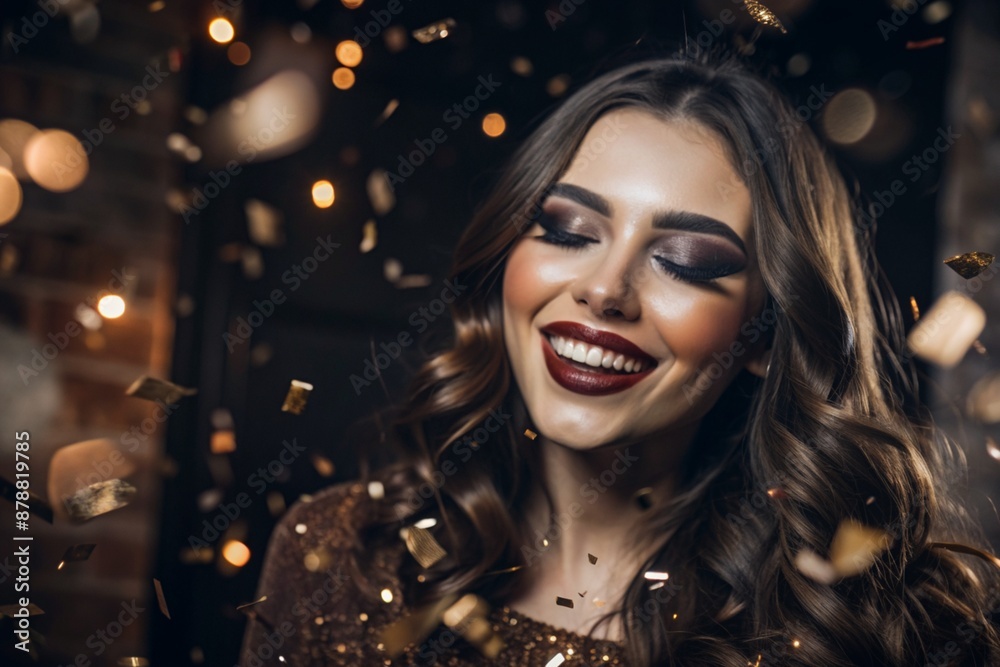 A party. A beautiful, happy girl in a stylish festive dress surrounded by gold confetti and sequins. The concept of celebrating a birthday and a happy new year. Close-up. A party. A beautiful, happy girl in a stylish festive dress surrounded by gold confetti and sequins. The concept of celebrating a birthday and a happy new year. Close-up.