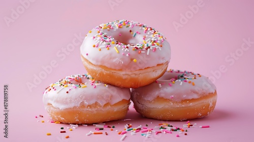 Yummy icing covered doughnuts isolated on pink