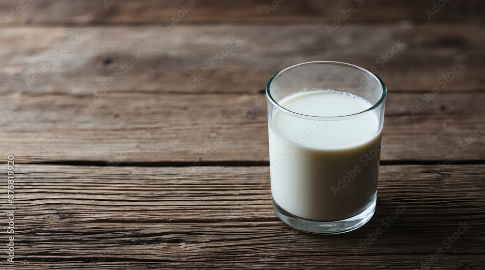 Front view of a glass of mil on wooden background with space for text Front view of a glass of mil on wooden background with space for text