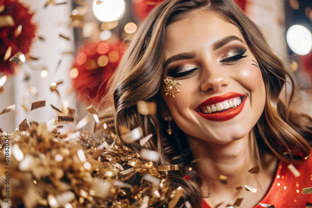 A party. A beautiful, happy girl in a stylish festive dress surrounded by gold confetti and sequins. The concept of celebrating a birthday and a happy new year. Close-up. A party. A beautiful, happy girl in a stylish festive dress surrounded by gold confetti and sequins. The concept of celebrating a birthday and a happy new year. Close-up.