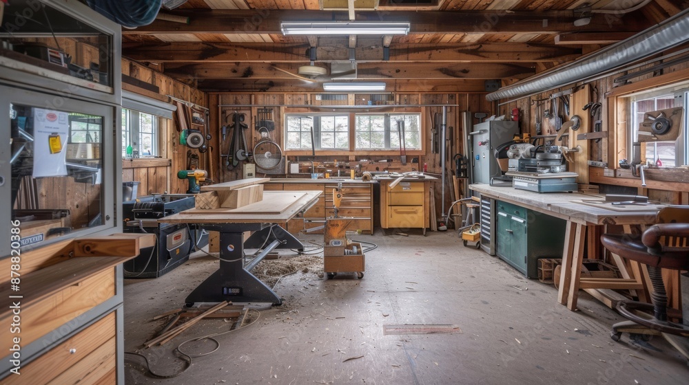 Well-equipped wooden workshop interior with tools and workbench Well-equipped wooden workshop interior with tools and workbench