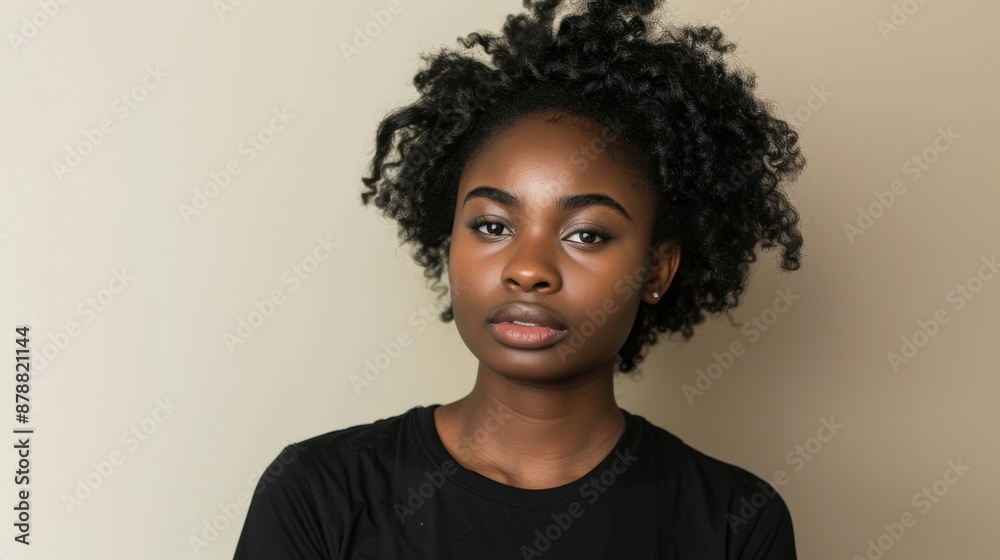 Close up portrait of a young woman with curly hair against a beige wall