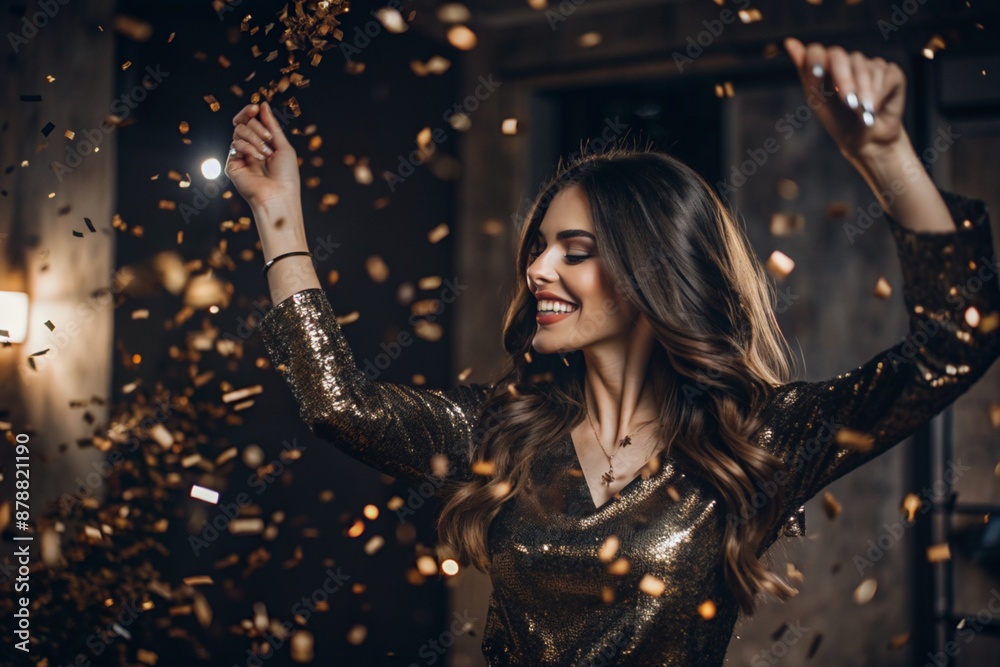 Fototapeta premium A party. A beautiful, happy girl in a stylish festive dress surrounded by gold confetti and sequins. The concept of celebrating a birthday and a happy new year. Close-up.