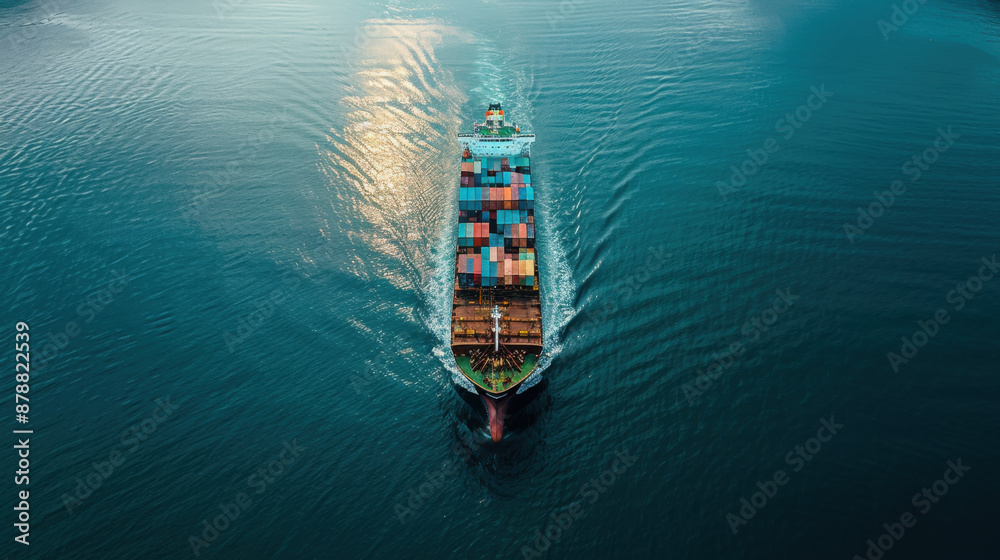Cargo ship moving steadily through calm ocean waters, reflecting maritime commerce and global transportation. Cargo ship moving steadily through calm ocean waters, reflecting maritime commerce and global transportation.
