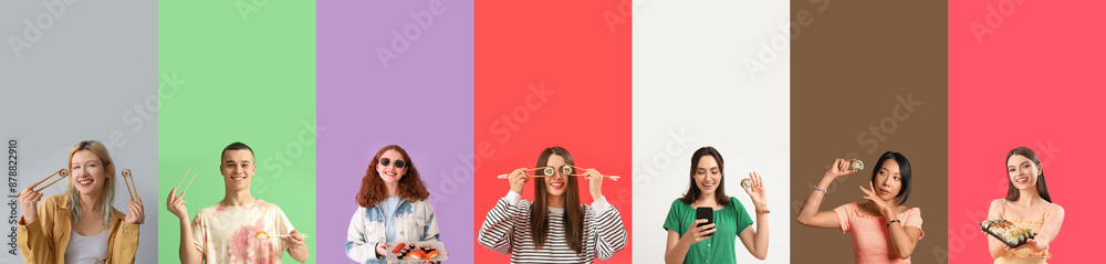 © Pixel-Shot - Set of young people with tasty sushi on color background © Pixel-Shot - Set of young people with tasty sushi on color background