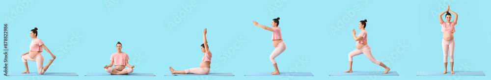 Obraz premium Set of young pregnant woman practicing yoga on light blue background