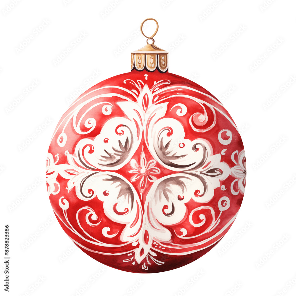 Watercolor Closeup of a Red, White and Silver Vintage Christmas Tree Ornament Watercolor Closeup of a Red, White and Silver Vintage Christmas Tree Ornament