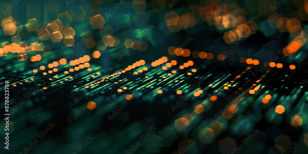 Obraz premium Abstract pattern of glowing lights in dark background, creating a futuristic and dynamic visual effect.