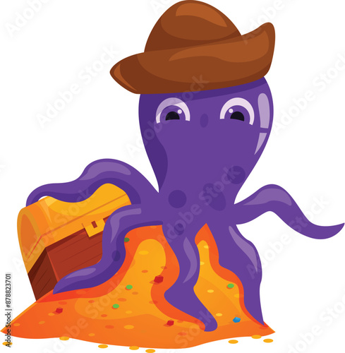 Cartoon octopus with treasure chest standing on a pile of gold, concept of pirate, finding treasure, wealth and adventure