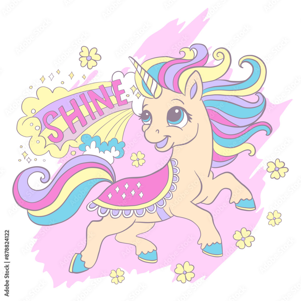 Cute unicorn with flowers square card vector illustration