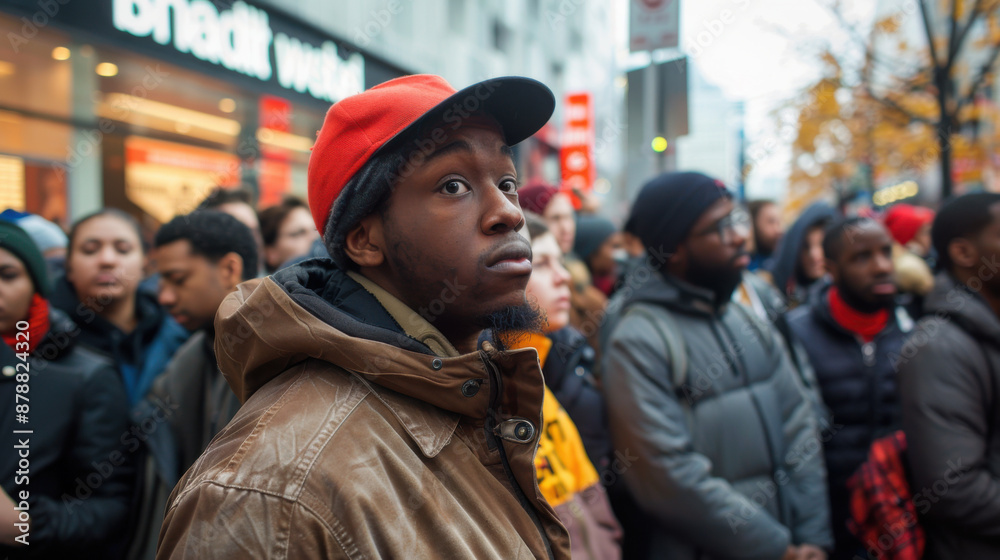 A man wearing a red cap and brown jacket stands in a crowded city street, looking into the distance with a serious expression. A man wearing a red cap and brown jacket stands in a crowded city street, looking into the distance with a serious expression.
