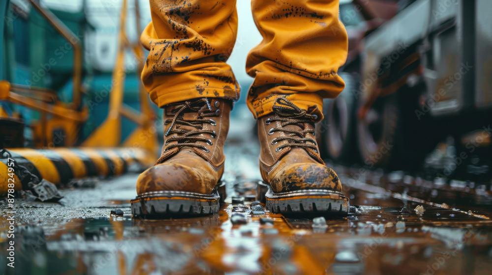 A close-up of a worker's boots standing on wet ground, showcasing rugged footwear and work environment. A close-up of a worker's boots standing on wet ground, showcasing rugged footwear and work environment.