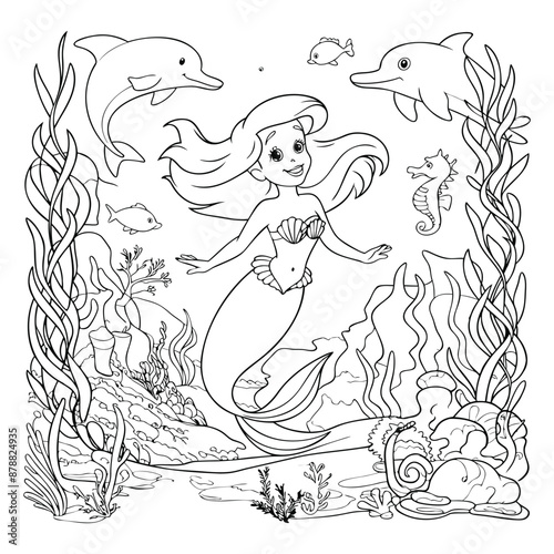 Mermaid coloring page for kids.