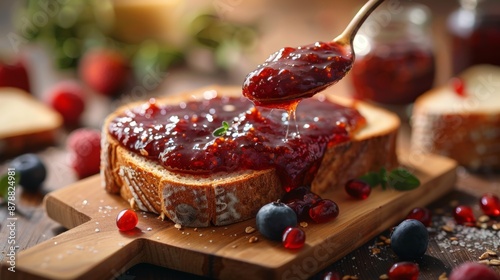 food photography, close-up image of a spoon spreading homemade jam on toast, highlighting the scrumptious taste of the jam photo