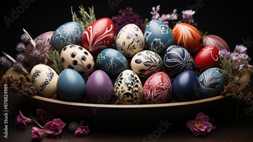 Colorful Easter eggs with an intricate pattern in a wooden bowl, a symbol of the spring holiday tradition, handmade