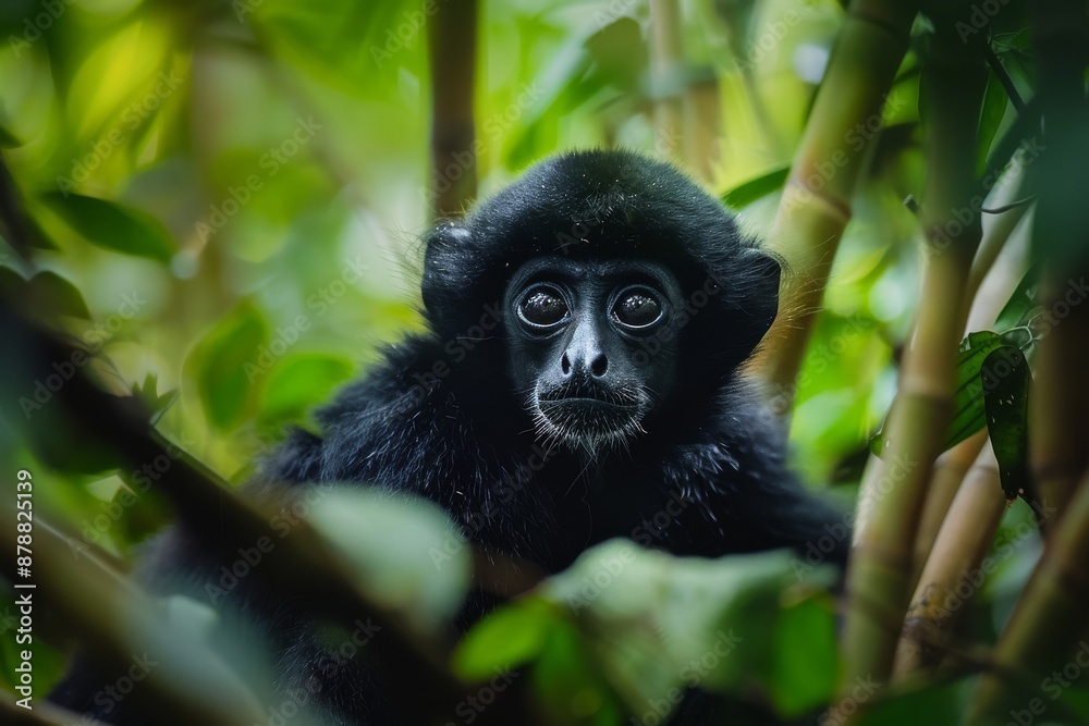 Full body view of Black Crested Gibbon in natural habitat, full body shot, full body View