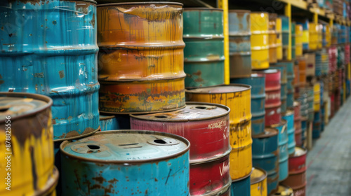 Stacked colorful industrial drums stored in a warehouse, depicting storage and industry.