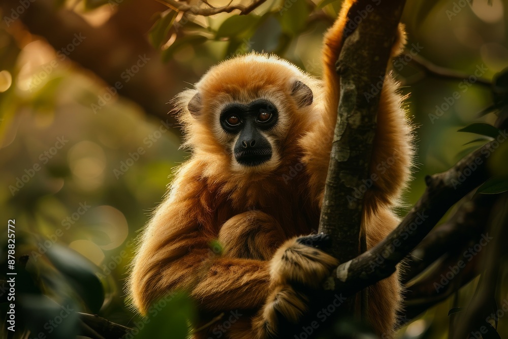 Fototapeta premium Full body view of Southern Hoolock Gibbon in natural habitat, full body shot, full body View