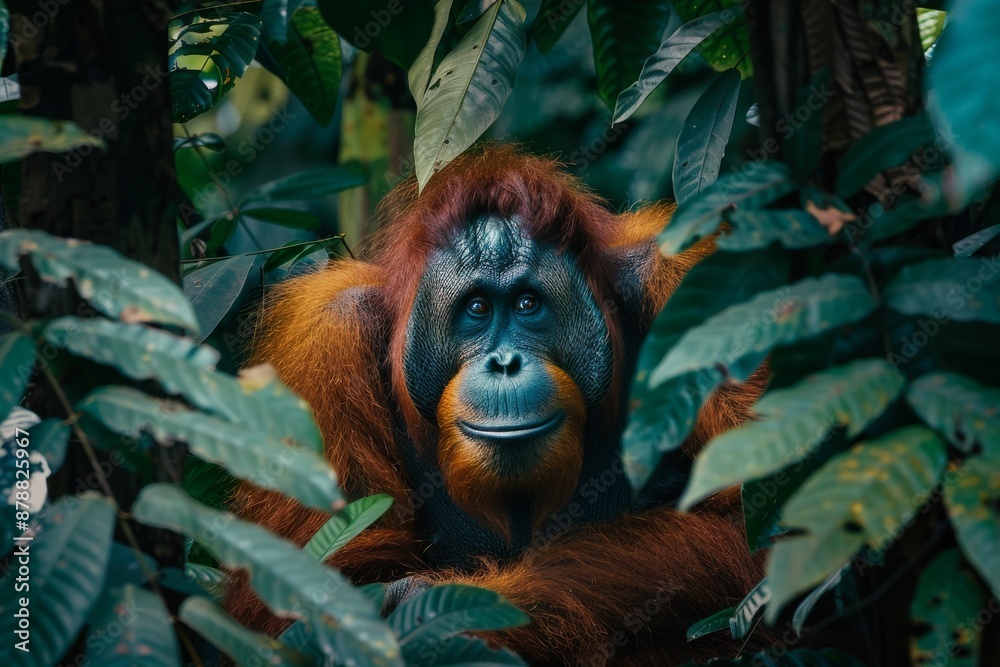 Fototapeta premium Full body view of Sumatran Orangutan in natural habitat, full body shot, full body View