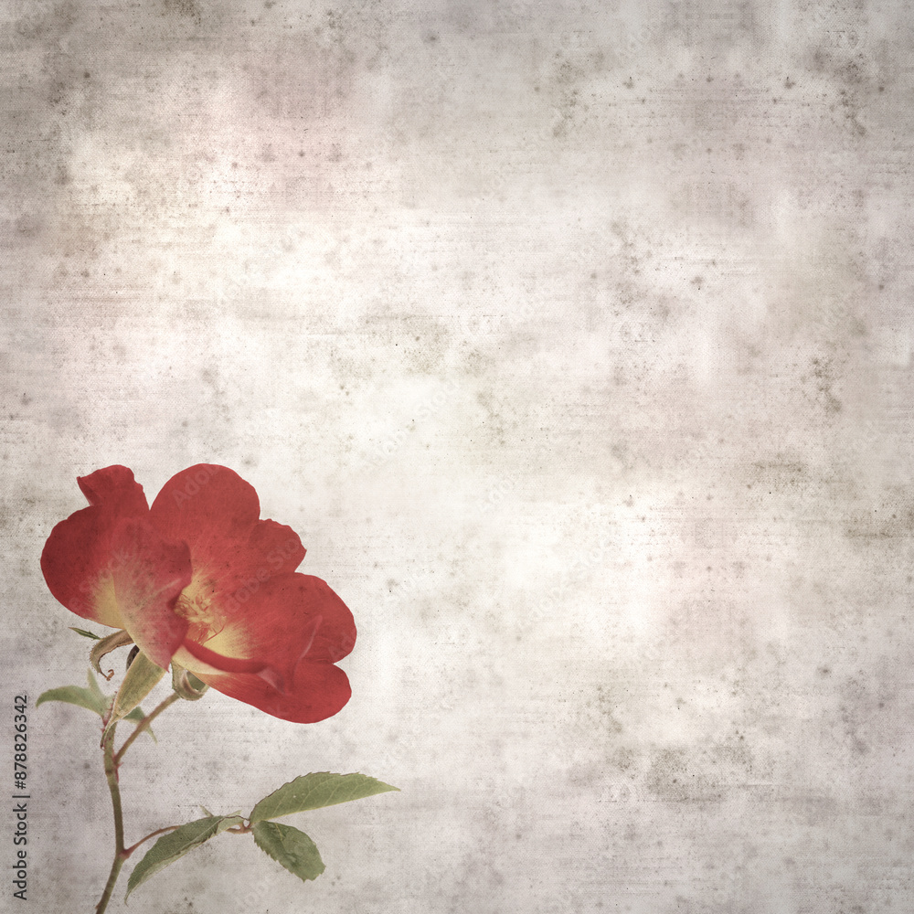 square stylish old textured paper background with single red and yellow bush rose flower square stylish old textured paper background with single red and yellow bush rose flower