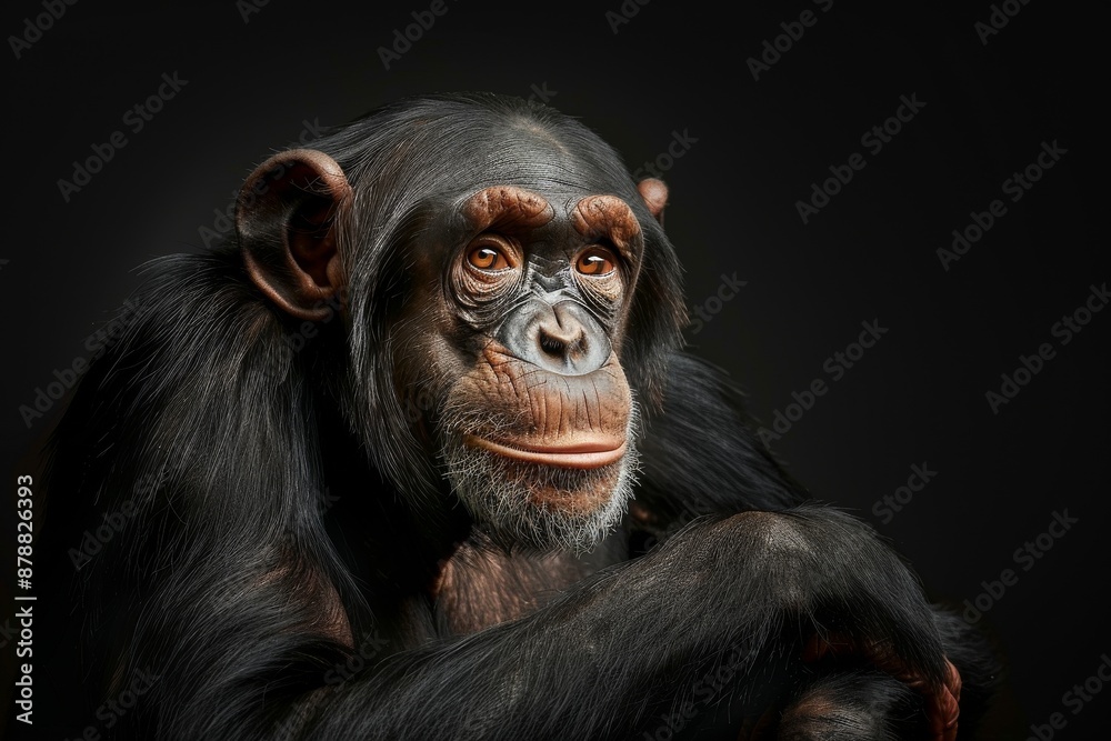 Mystic portrait of Common Chimpanzee, full body view, isolated on black background Mystic portrait of Common Chimpanzee, full body view, isolated on black background