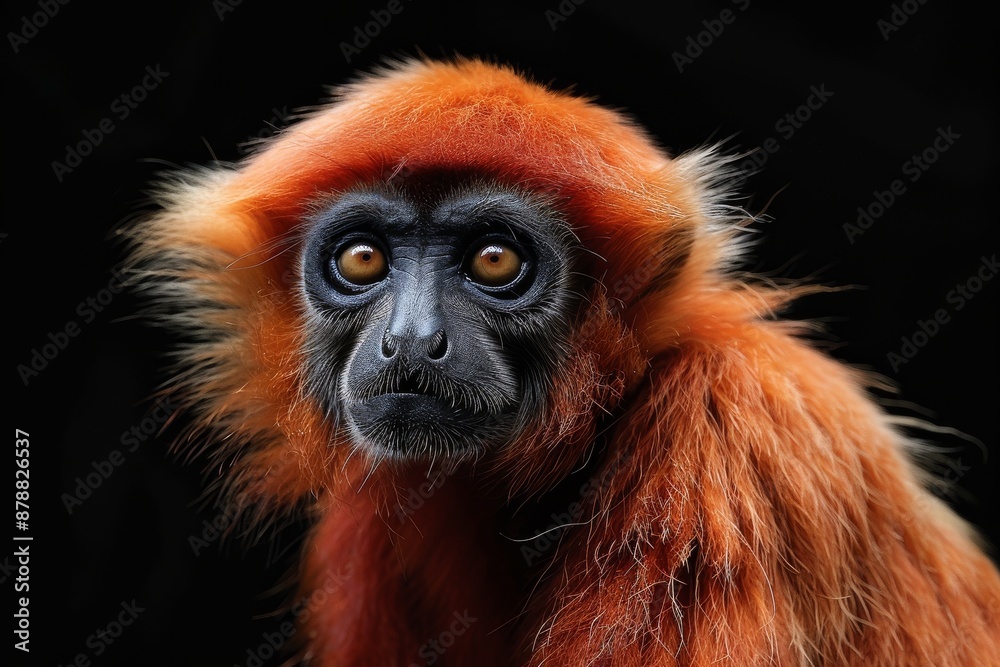 Fototapeta premium Mystic portrait of Eastern Hoolock Gibbon, full body view, isolated on black background