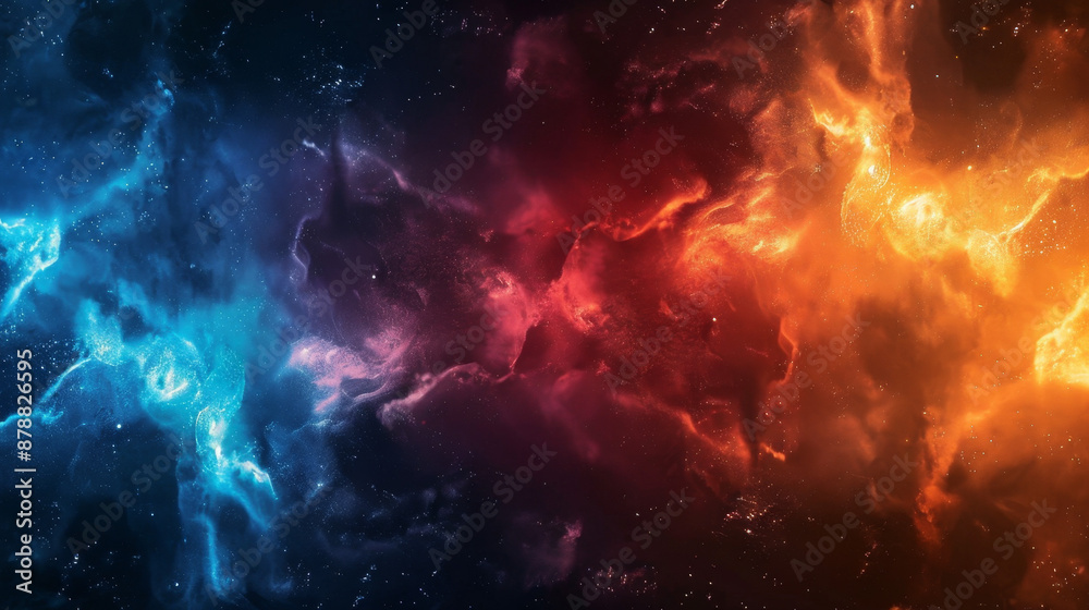 Abstract background with colorful space, stars and nebulae in the sky. Space concept design element. Dark blue orange red yellow color Abstract background with colorful space, stars and nebulae in the sky. Space concept design element. Dark blue orange red yellow color