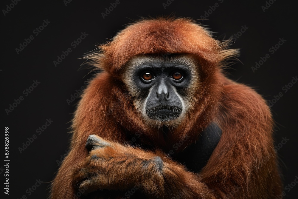 Fototapeta premium Mystic portrait of MÃ¼ller's Bornean Gibbon, full body view, isolated on black background