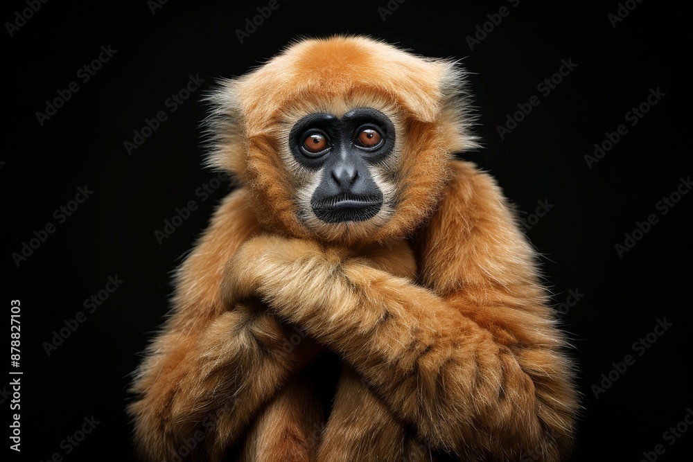 Fototapeta premium Mystic portrait of Northern White-cheeked Gibbon, full body view, isolated on black background