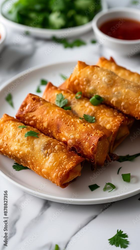 Crispy Golden Vegetable Egg Rolls on a White Plate Crispy Golden Vegetable Egg Rolls on a White Plate