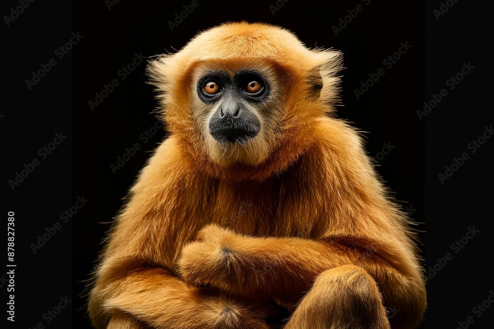 Fototapeta premium Mystic portrait of Southern Yellow-cheeked Gibbon, full body view, isolated on black background