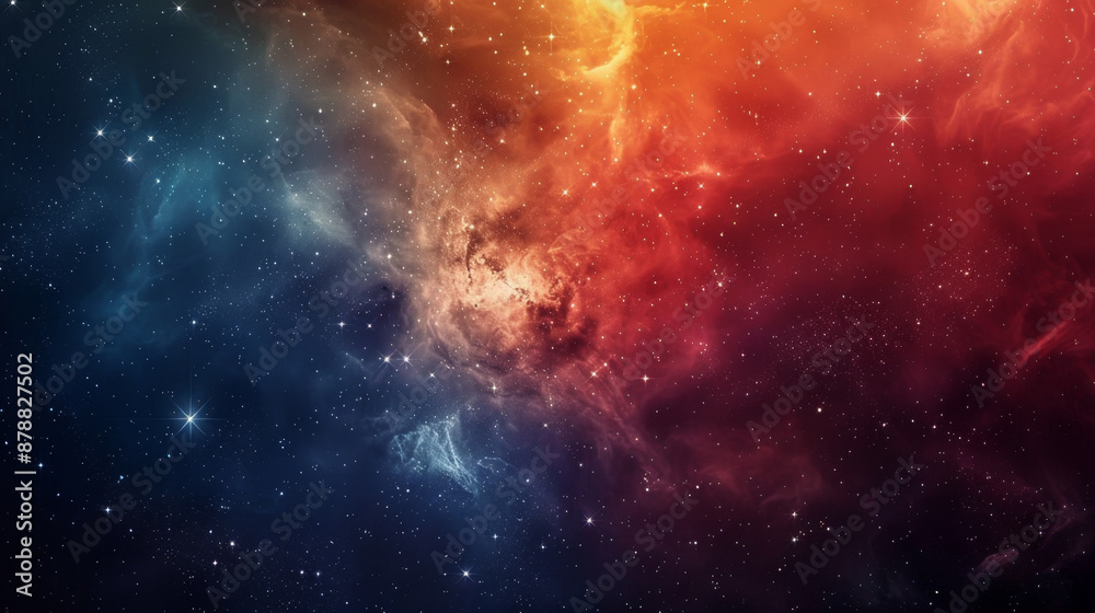 Fototapeta premium Red, orange and blue nebula background with stars. Abstract space wallpaper design for cover, poster or banner