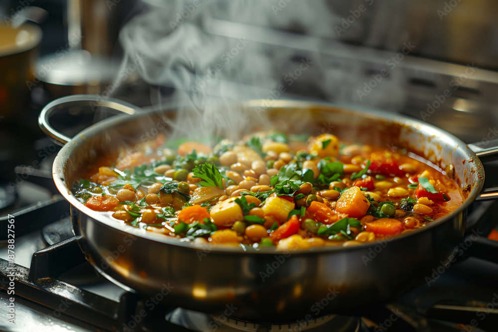 Moroccan Bean Stew Simmers on a Stovetop in a Gleaming Pan, Releasing Aromatic Steam Moroccan Bean Stew Simmers on a Stovetop in a Gleaming Pan, Releasing Aromatic Steam