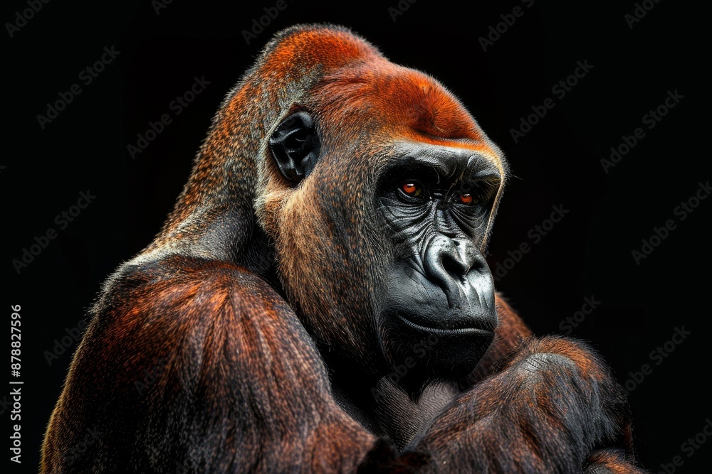 Obraz premium Mystic portrait of Western Lowland Gorilla, full body view, isolated on black background