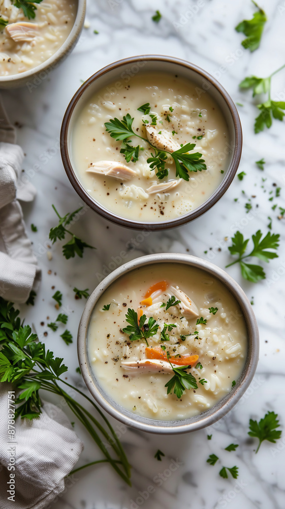 Creamy Chicken and Rice Soup in Rustic Bowls, Ready to Warm the Soul Creamy Chicken and Rice Soup in Rustic Bowls, Ready to Warm the Soul