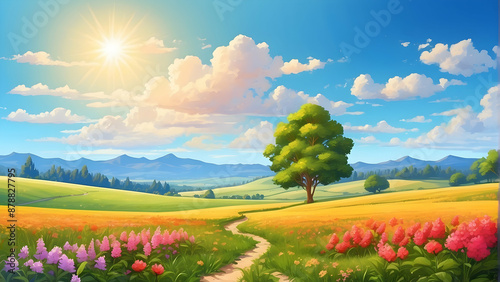 Vibrant path through summer blossoming fields photo