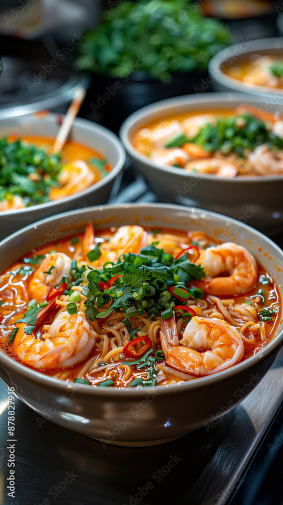 A Bowl of Spicy Thai Red Curry Prawn Noodles Steaming in a Busy Market A Bowl of Spicy Thai Red Curry Prawn Noodles Steaming in a Busy Market