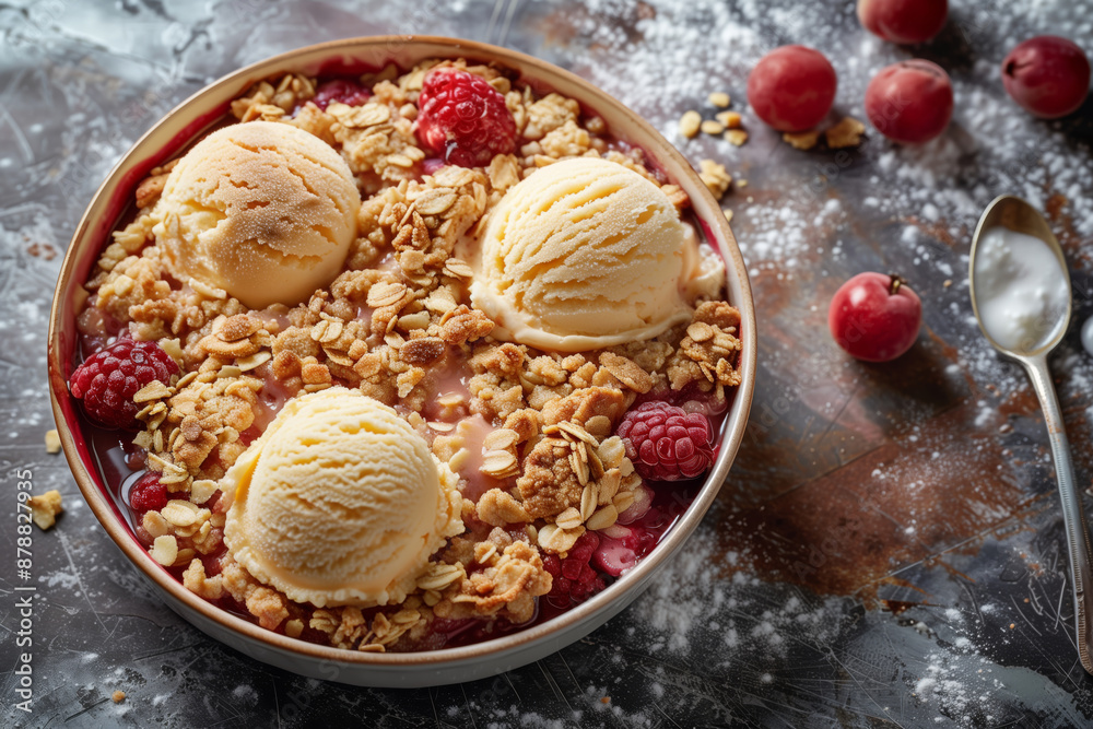 A Summery Delight: Warm Fruit Crisp With Vanilla Ice Cream A Summery Delight: Warm Fruit Crisp With Vanilla Ice Cream
