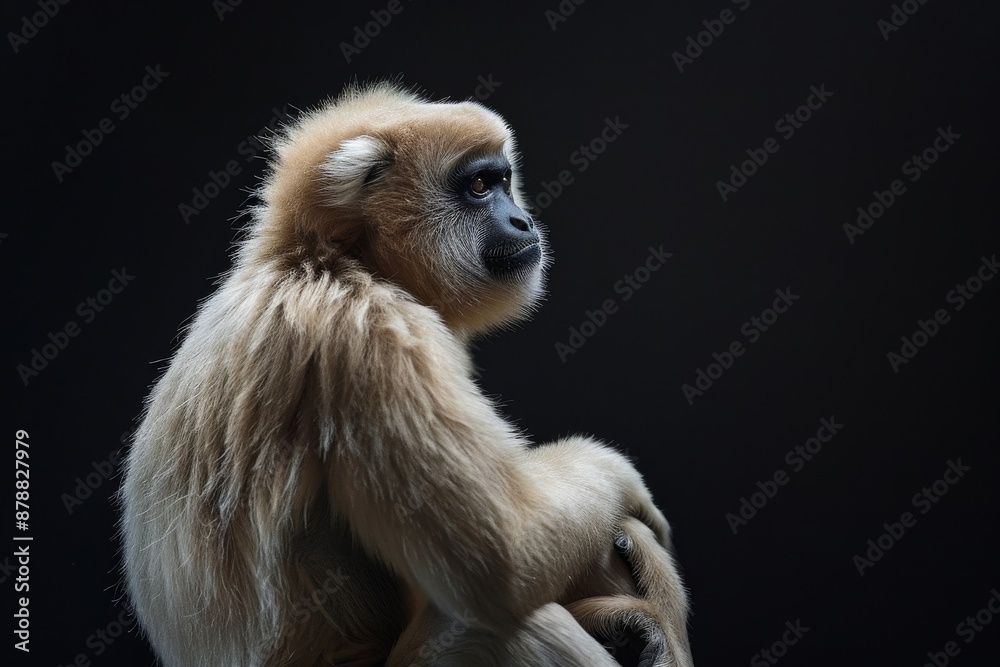 Fototapeta premium the beside view Agile Gibbon, left side view, isolated on black background