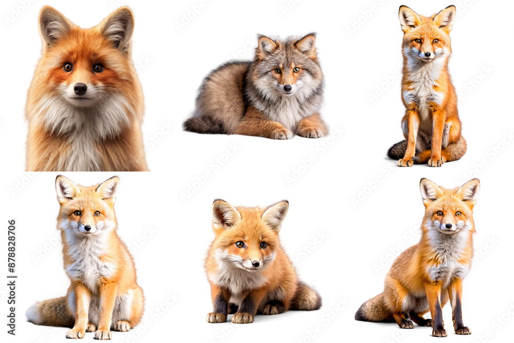 A set of six different pictures showing a fox in various poses, PNG with transparent background, AI A set of six different pictures showing a fox in various poses, PNG with transparent background, AI