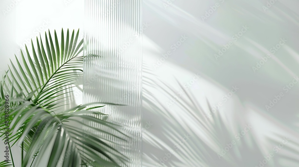 Fototapeta premium White Ribbed Background. Green palm with reeded glass. Interior design space. Clean realistic vanity. Blank wall with copy space.