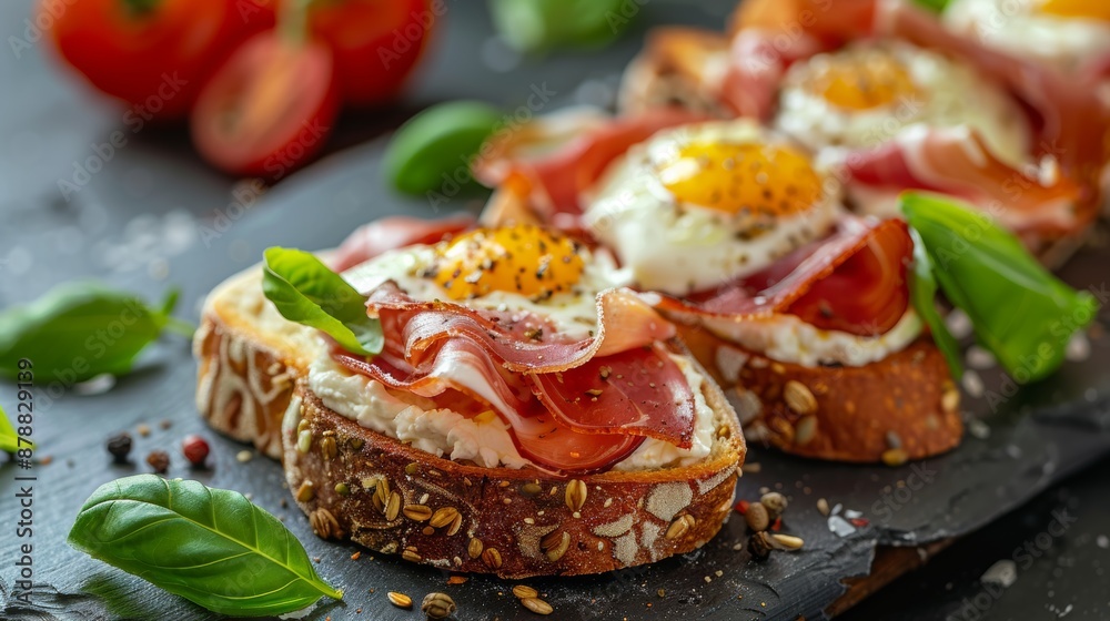 gourmet breakfast ideas, tasty breakfast idea artisanal toasts topped with prosciutto, mozzarella, and basil on a slate board, elegant and delicious morning option with space for text gourmet breakfast ideas, tasty breakfast idea artisanal toasts topped with prosciutto, mozzarella, and basil on a slate board, elegant and delicious morning option with space for text