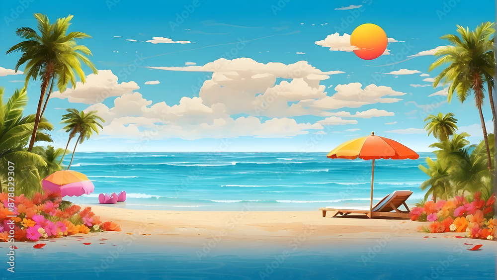 Obraz premium Tropical beach scene with palm trees and sun
