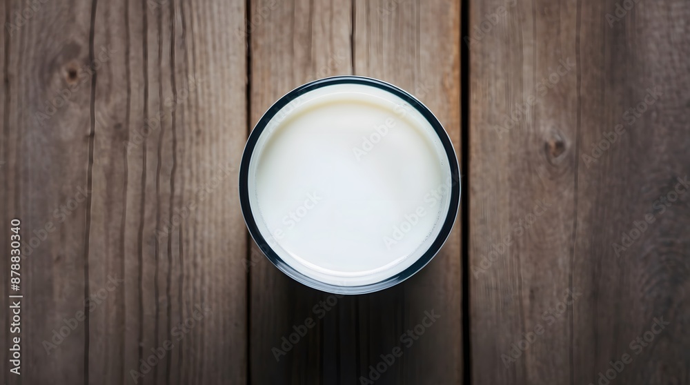 Top view of a glass of mil on wooden background with space for text Top view of a glass of mil on wooden background with space for text