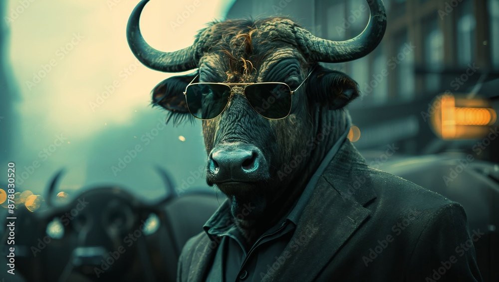 A stylized image of a bull wearing stylish sunglasses and a formal suit, set in an urban environment with another bull figure in the background. A stylized image of a bull wearing stylish sunglasses and a formal suit, set in an urban environment with another bull figure in the background.