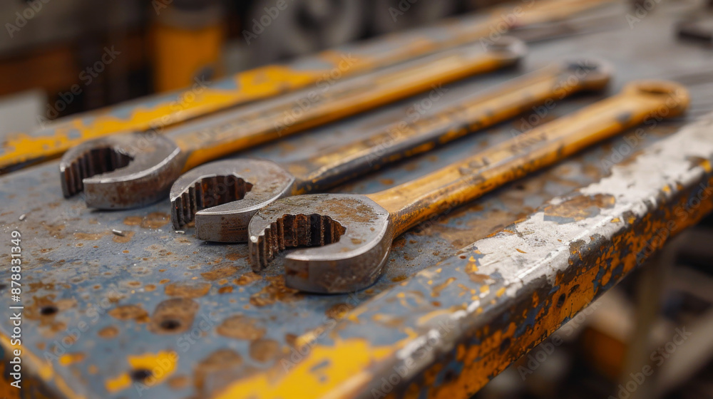 Three old, rusty wrenches laid out on a worn, metal table in a workshop setting. Three old, rusty wrenches laid out on a worn, metal table in a workshop setting.