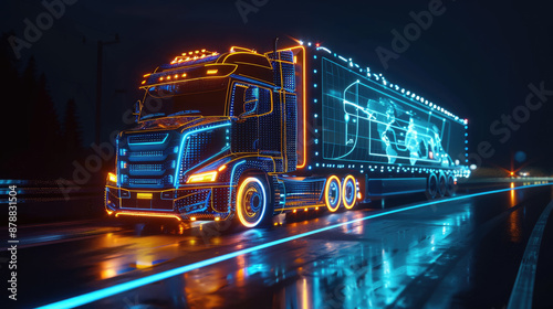 Futuristic Neon Semi-Truck on Highway at Night with Digital Overlay and Glowing Lights © LailaBee