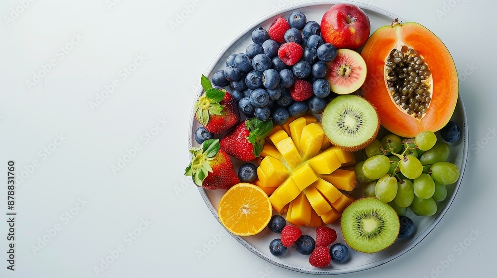 fresh, colorful fruits elegantly displayed on a plate against a white backdrop, perfect for promoting healthy eating fresh, colorful fruits elegantly displayed on a plate against a white backdrop, perfect for promoting healthy eating